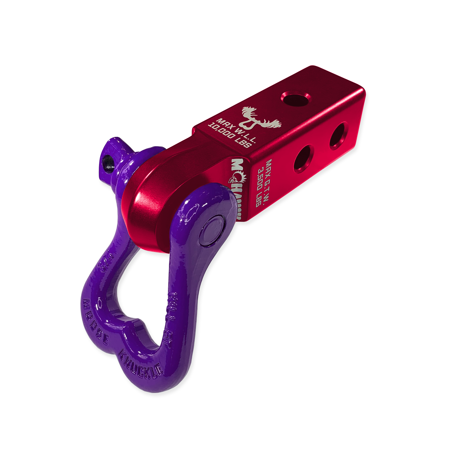 Moose Knuckle Offroad XL Grape Escape 3/4" Purple D-Ring Shackle and Red Rum Mohawk 2.0 Shackle Receiver Combo for off-road vehicle recovery and towing.