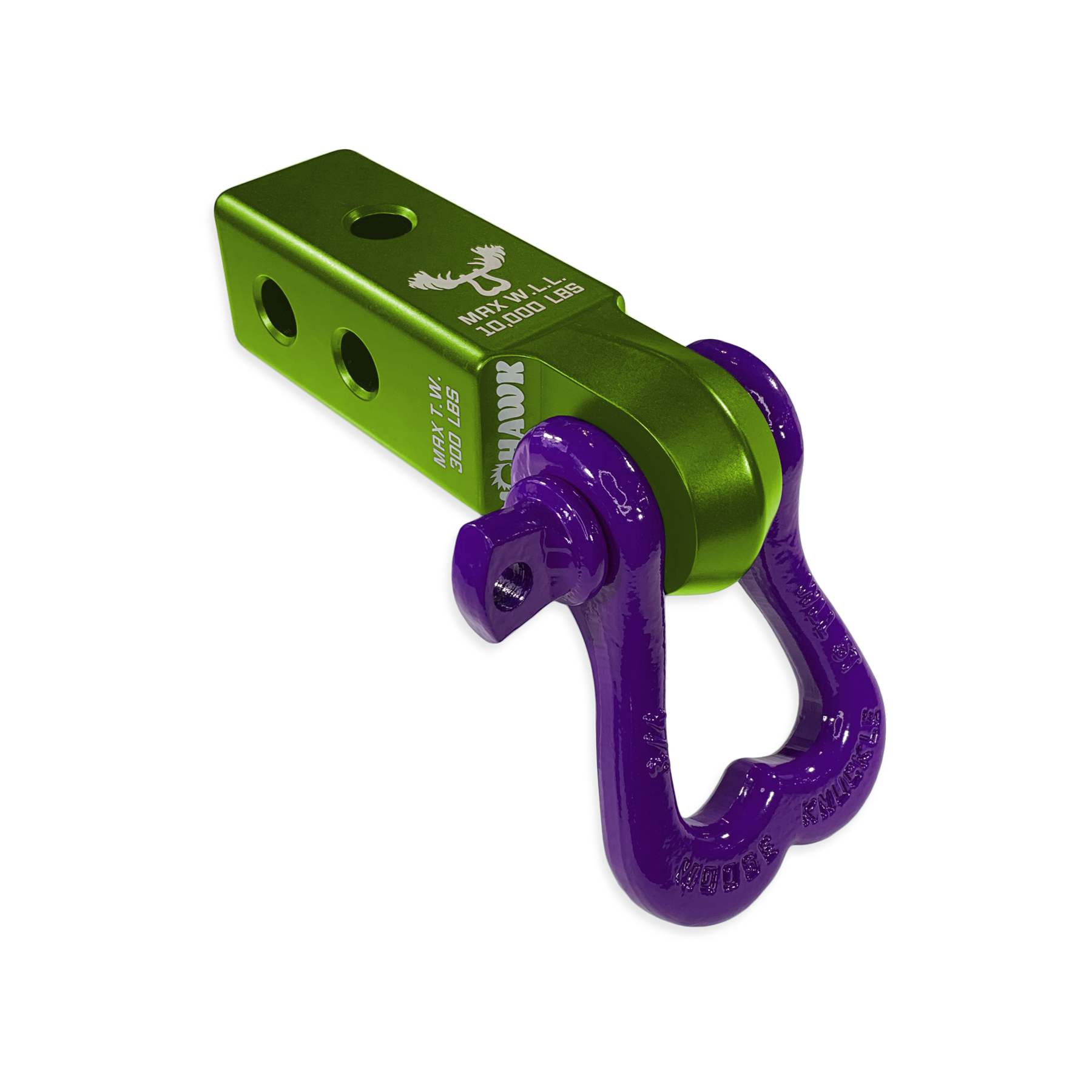 Moose Knuckle Offroad XL Grape Escape 3/4" Purple D-Ring Shackle and Bean Green Mohawk 2.0 Shackle Receiver Combo for off-roading vehicle recovery and towing.