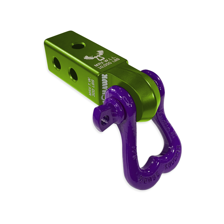 Moose Knuckle Offroad XL Grape Escape 3/4" Purple D-Ring Shackle and Bean Green Mohawk 2.0 Shackle Receiver Combo for off-roading vehicle recovery and towing.