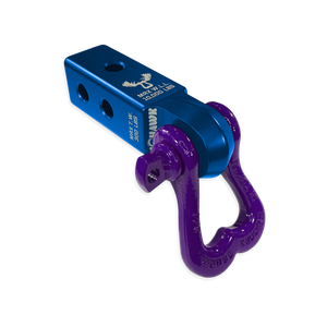 Moose Knuckle Offroad XL Grape Escape Purple D-Ring Shackle and Blue Pill Mohawk 2.0 Shackle Receiver Combo for off-roading vehicle recovery and towing.