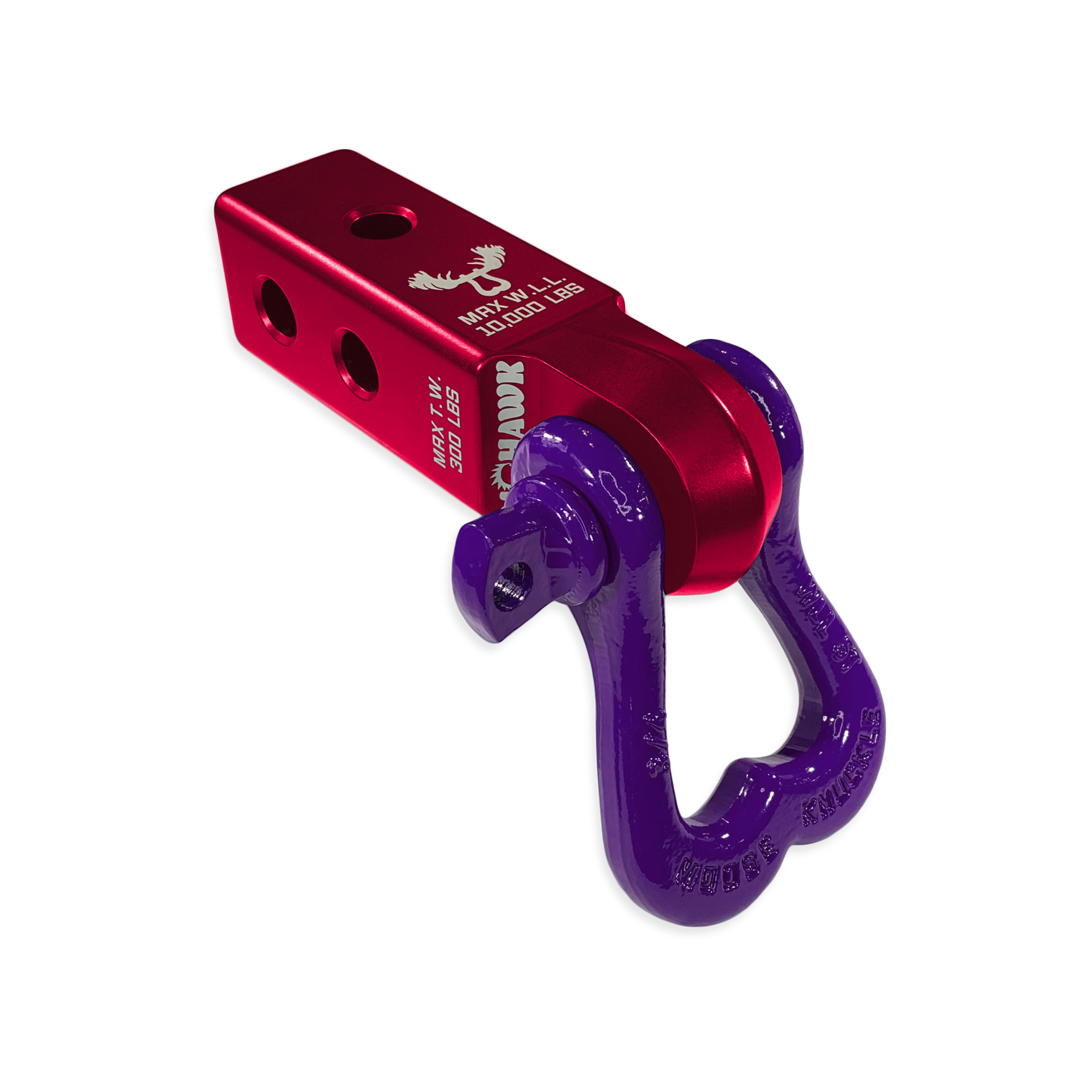 Moose Knuckle Offroad XL Grape Escape Purple D-Ring Shackle and Red Rum Mohawk 2.0 Shackle Receiver Combo for off-road vehicle recovery and towing.