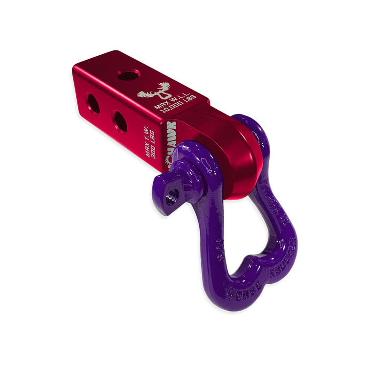 Moose Knuckle Offroad XL Grape Escape Purple D-Ring Shackle and Red Rum Mohawk 2.0 Shackle Receiver Combo for off-road vehicle recovery and towing.