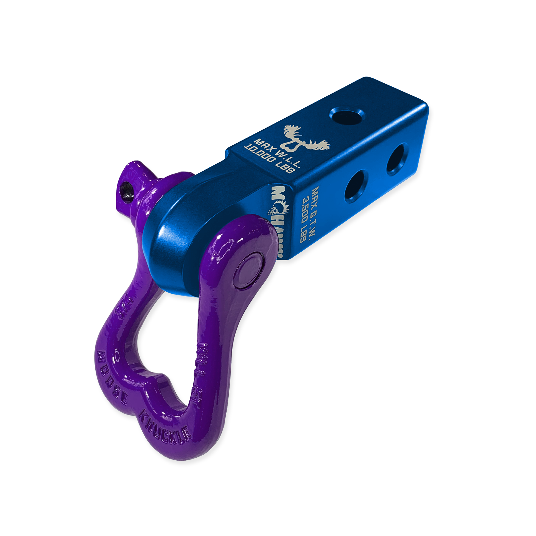 Moose Knuckle Offroad XL Grape Escape 3/4" Purple D-Ring Shackle and Blue Pill Mohawk 2.0 Shackle Receiver Combo for off-roading vehicle recovery and towing.