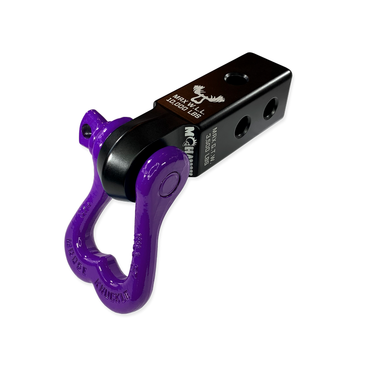 Moose Knuckle Offroad XL Grape Escape 3/4" Purple D-Ring Shackle and Black Lung Mohawk 2.0 Shackle Receiver Combo for off-roading vehicle recovery and towing.