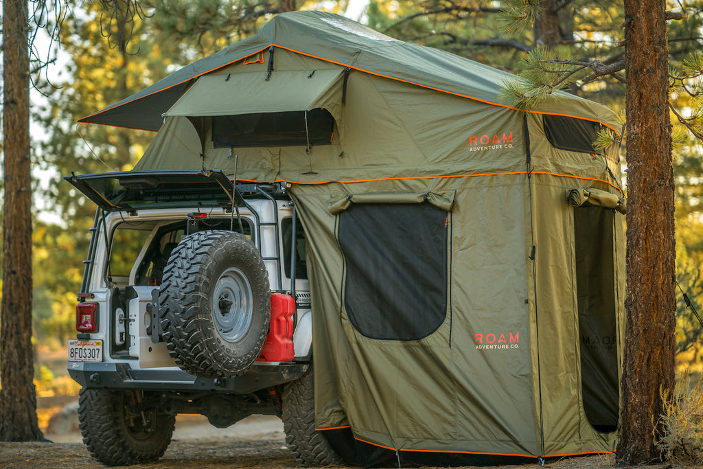 Vagabond XL Rooftop Tent on a Jeep Roubion — showing Annex Room, rainfly, skylight windows